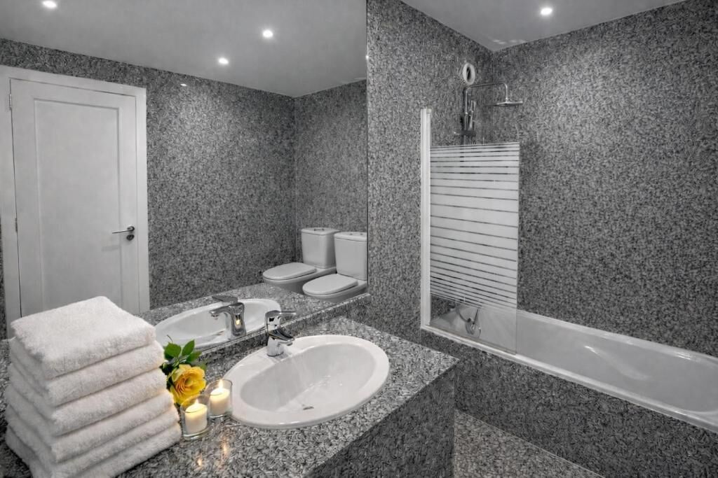 Hair dryer, towels, soap, toilet paper