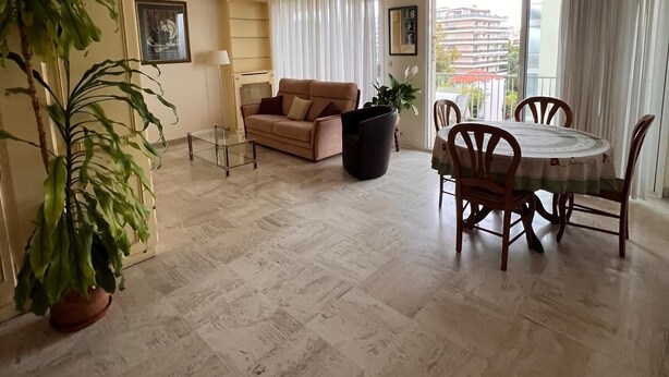 Ein Wohnzimmer mit Sofa, Esstisch, Stühlen, einer Chandelier und einer großen Kühlpflanze.