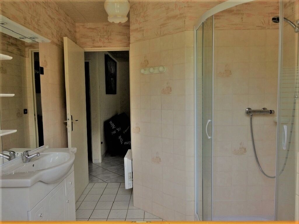 Une salle de bain avec un lavabo blanc, un miroir et une douche.