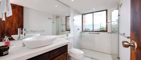 Shower, hair dryer, shampoo