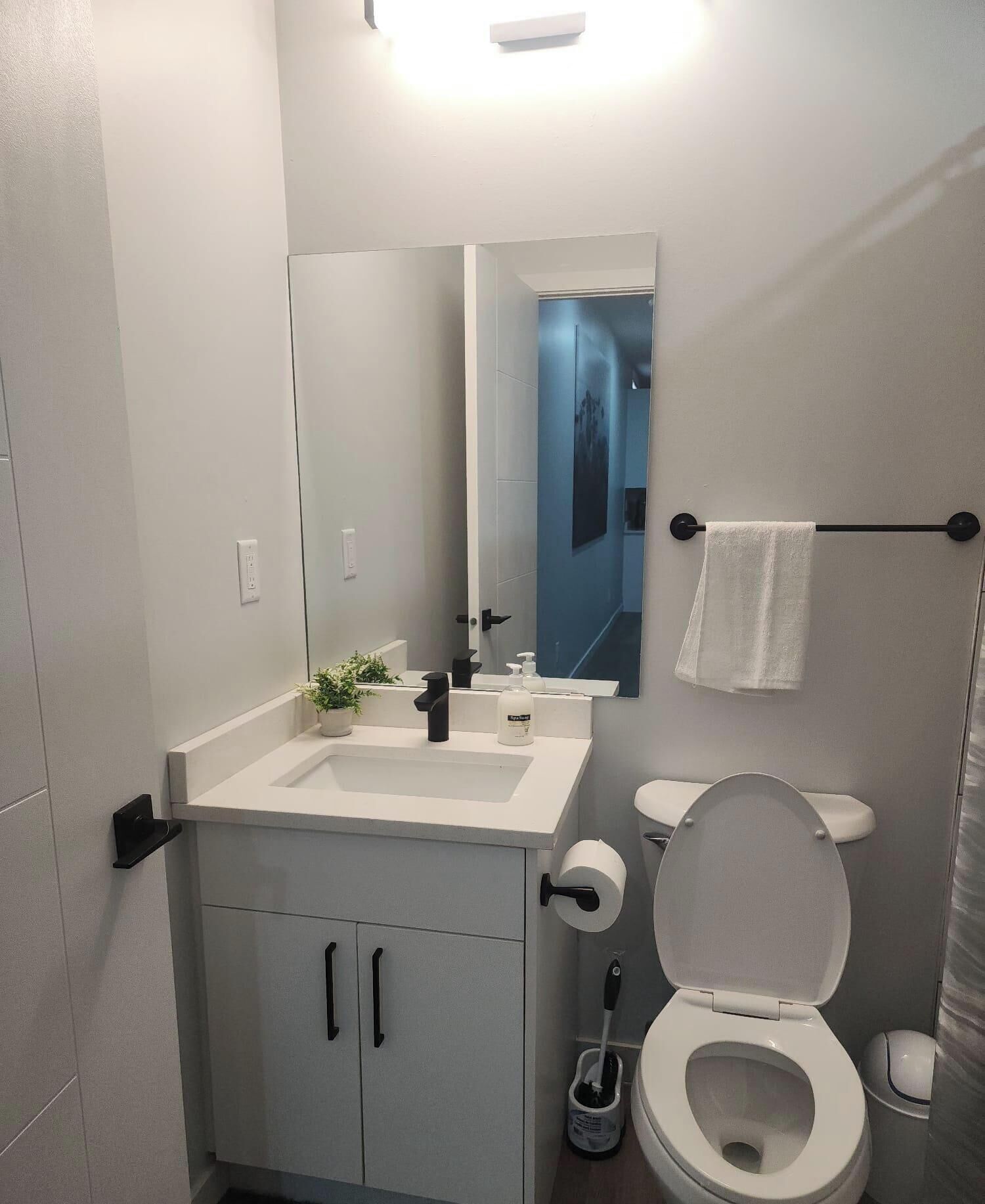 Un baño moderno con lavabo, espejo, inodoro y toallero.
