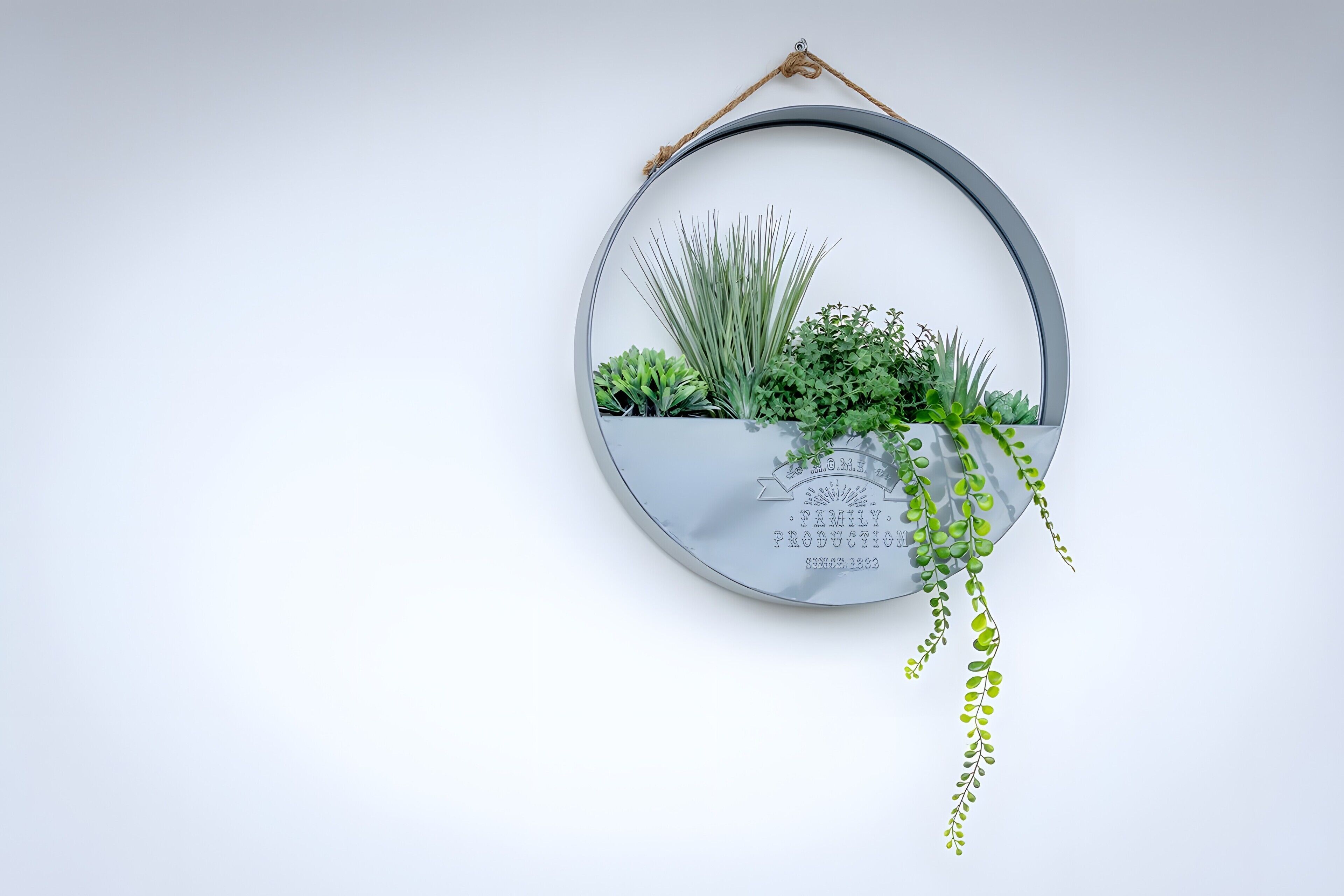 A circular mirror with a rope handle, mounted on a white wall.