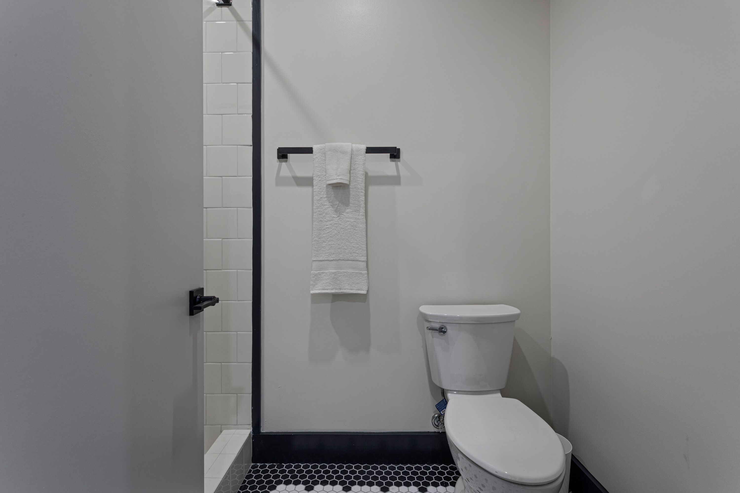 Shower, towels, soap, shampoo