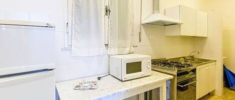 Réfrigérateur, four, batterie de cuisine, vaisselle et ustensiles