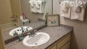 Hair dryer, towels, soap, toilet paper