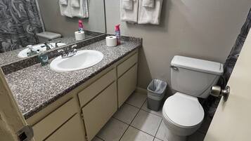 Hair dryer, towels, soap, toilet paper