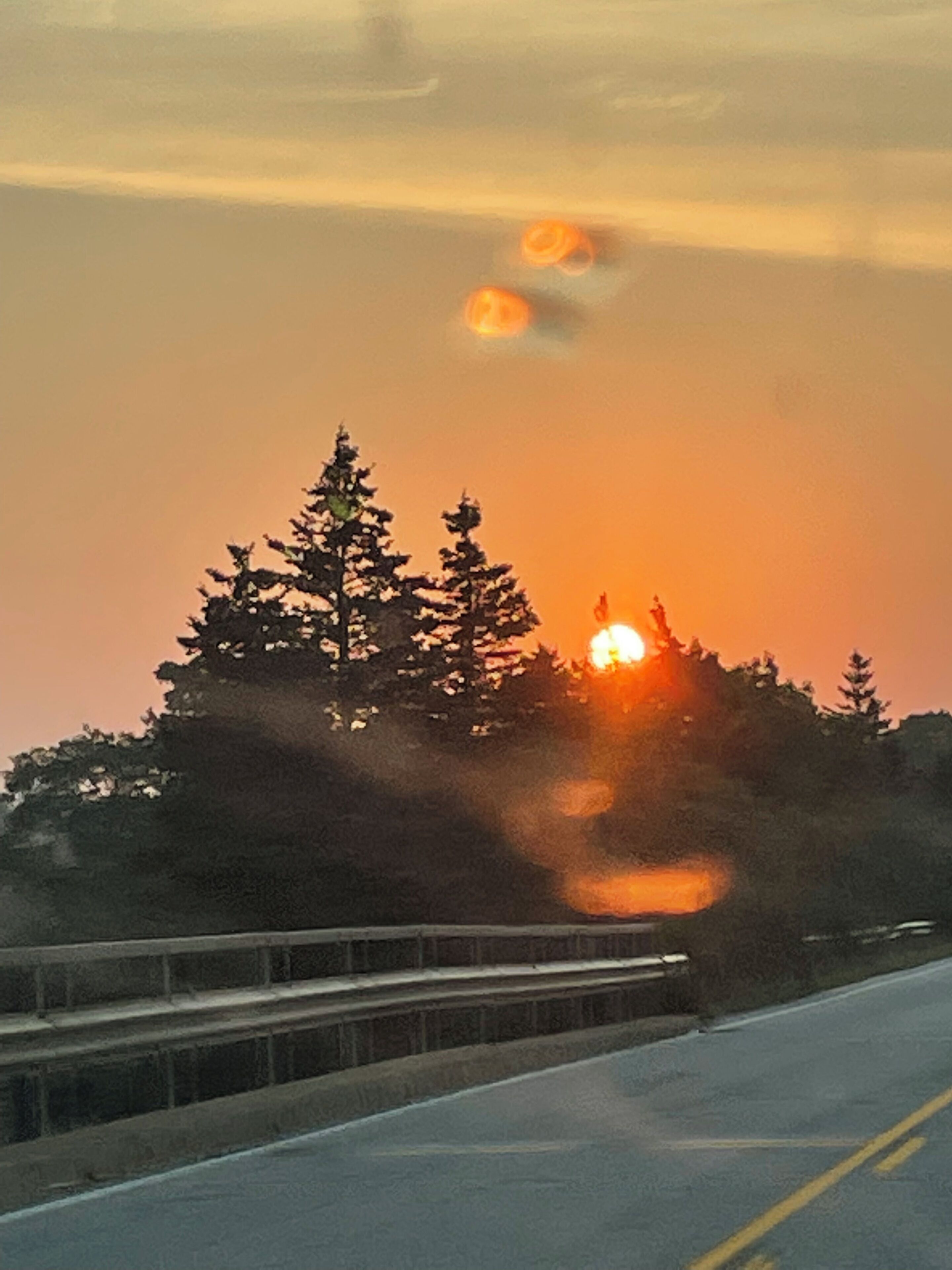 A sunset over a forested area with a road in the foreground.