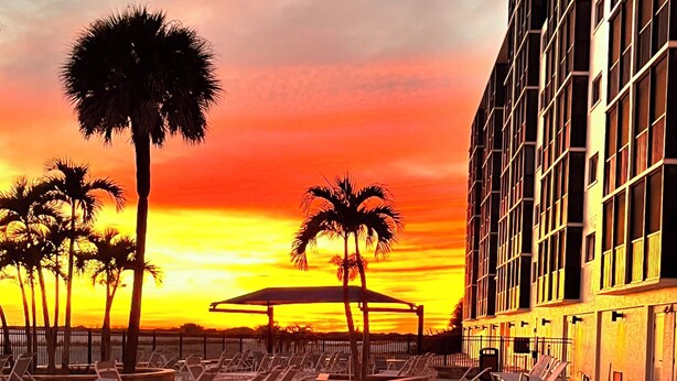 A swimming pool with lounge chairs and palm trees, surrounded by a building with a modern design. - Luxury Beachfront Condo with Seasonally Heated Beachside Pool (Fort Myers Beach)