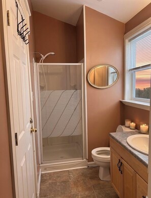Shower, jetted tub, towels, soap