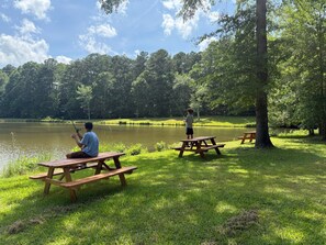 Een picknickplaats aan het meer met houten banken en picknicktafels.