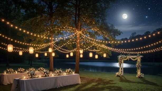 Decoração de casamento ao ar livre com luzes de corda, lanternas e arranjos florais sob um céu noturno.