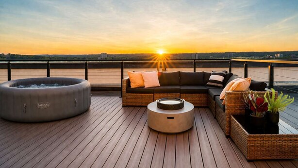 Una terraza en la azotea con un jacuzzi, un conjunto de sofás y una pequeña mesa.