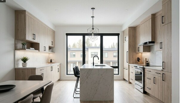A modern kitchen with a central island, wooden cabinets, and a large window.
