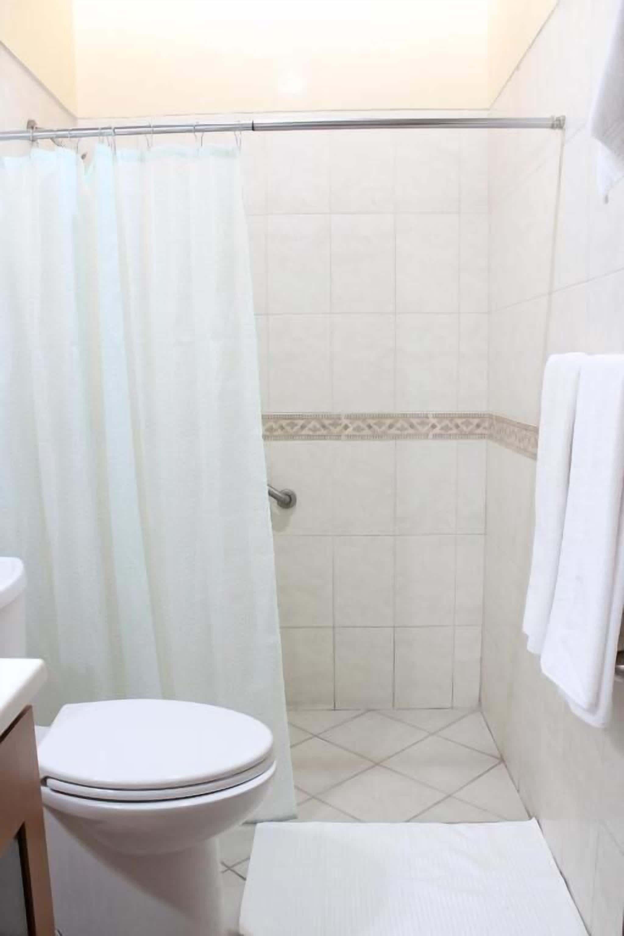 A bathroom with a shower, toilet, and a towel rack.