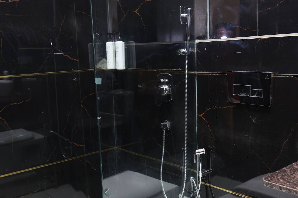 A modern bathroom with a glass-enclosed shower, a white toilet, and a black tiled wall.