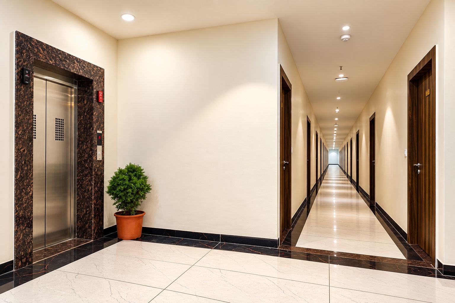 Un pasillo de hotel con piso de mármol, una planta en maceta y una hilera de puertas a un lado.