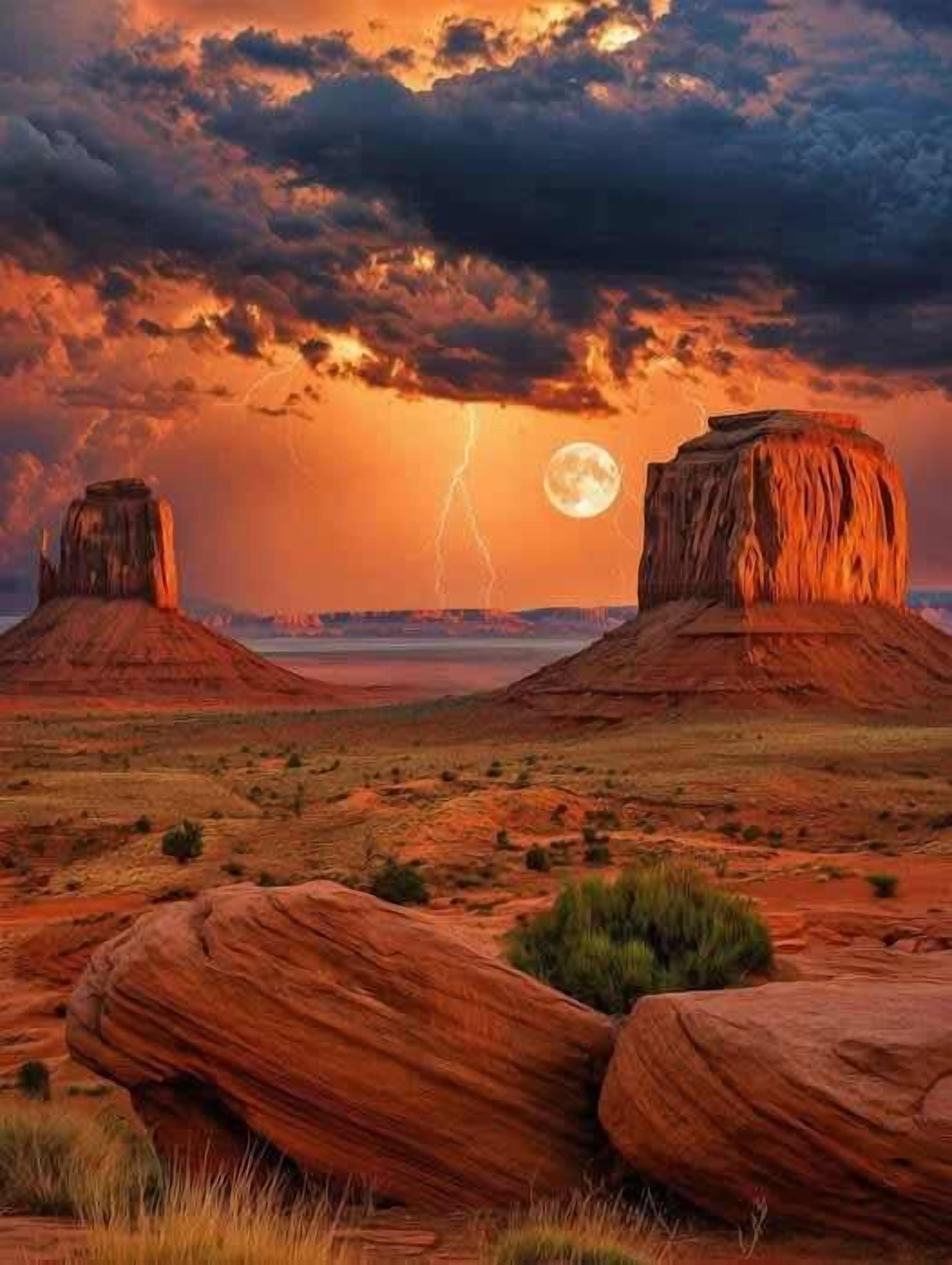 A desert landscape with rock formations and a sunset.