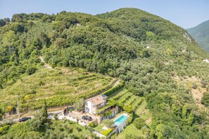 Eine Villa an einem Hang mit Swimmingpool, umgeben von üppiger Vegetation und terrassierten Feldern.