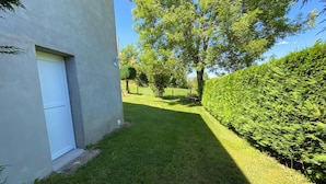 A well-maintained grassy area with a bench, a hedge, and a building with a white door.