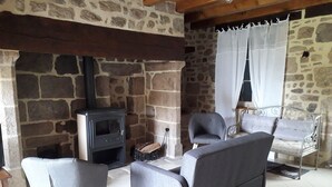 A stone fireplace, grey upholstered furniture, and a metal bed frame in a rustic room.