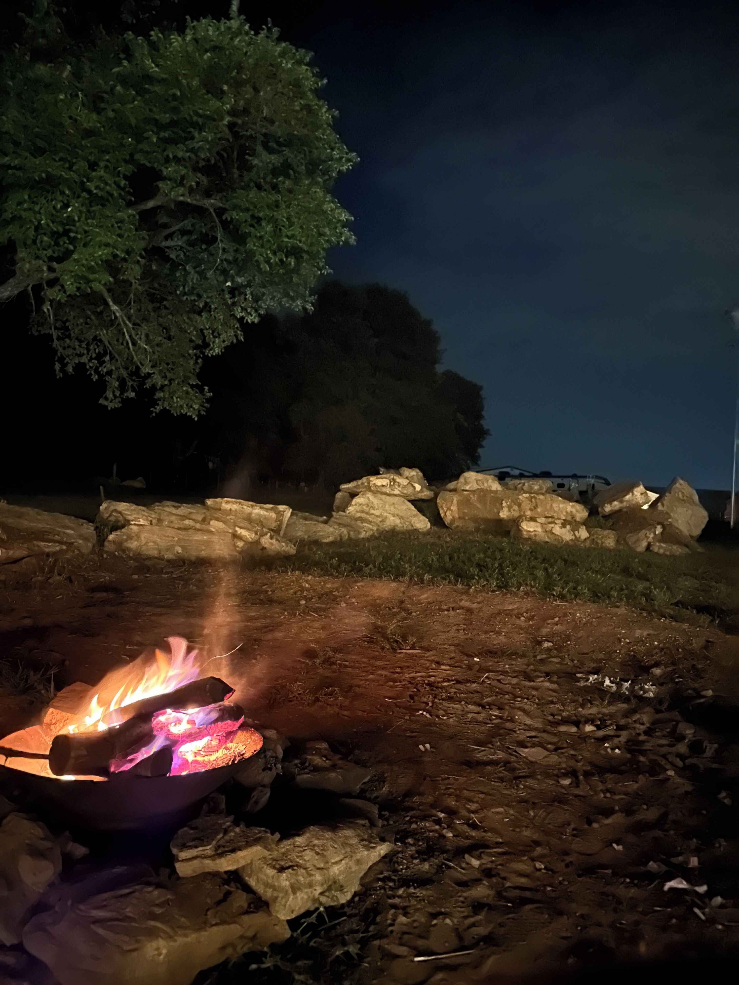Un feu de camp avec des rochers et un arbre en arrière-plan.