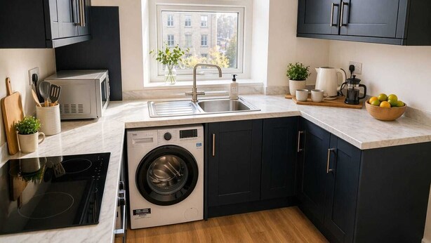 A compact kitchen with a built-in washer, a sink, a microwave, and dark cabinetry. - Central Bristol Apartment with Parking | Sleeps 6 (Bristol City)