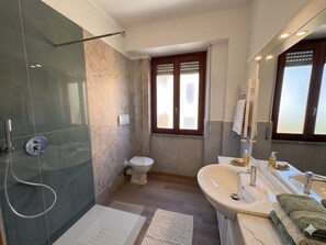 Regadera, secadora de cabello, bidet, toallas 