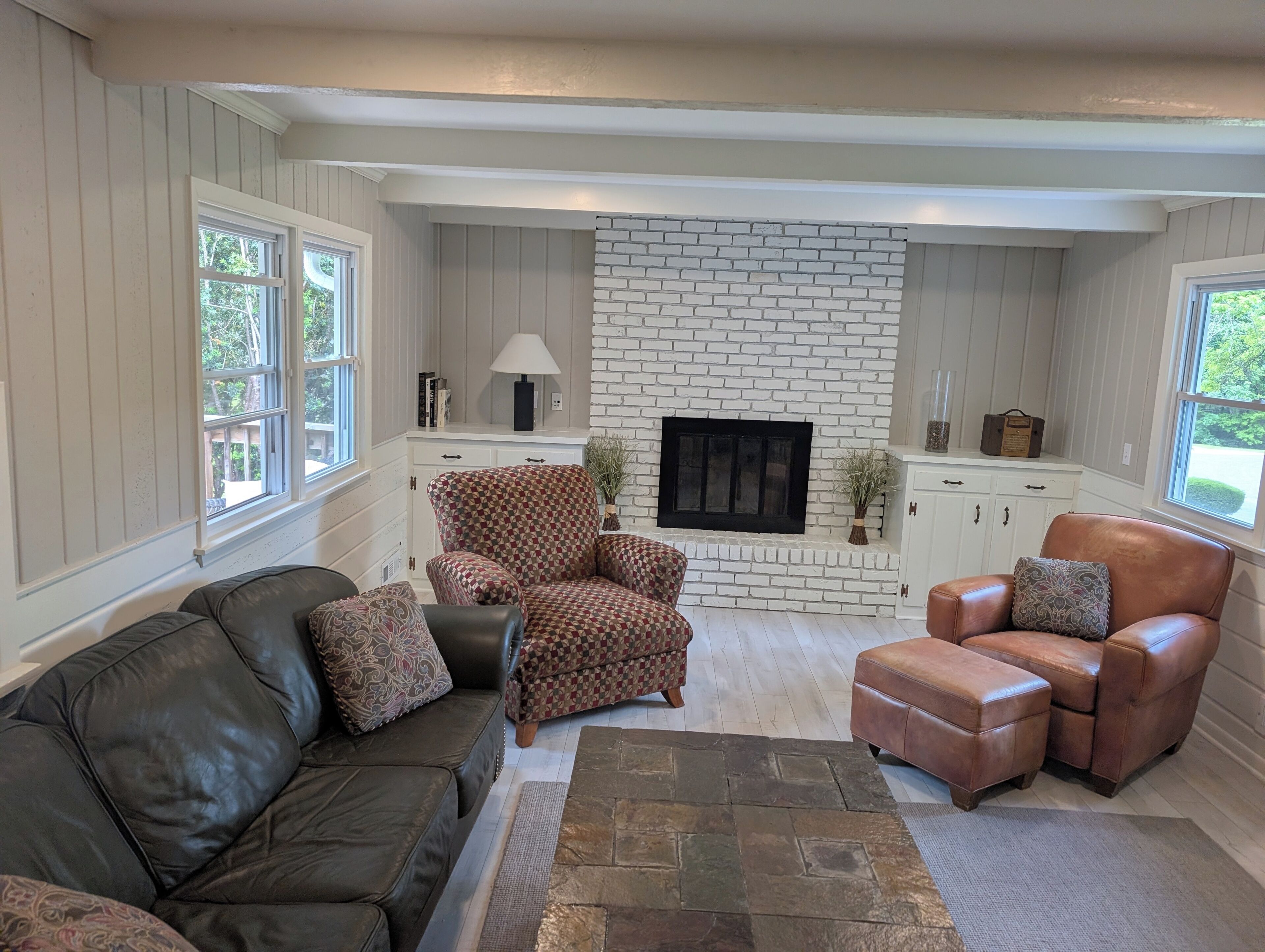 Fireplace, computer monitors, printers