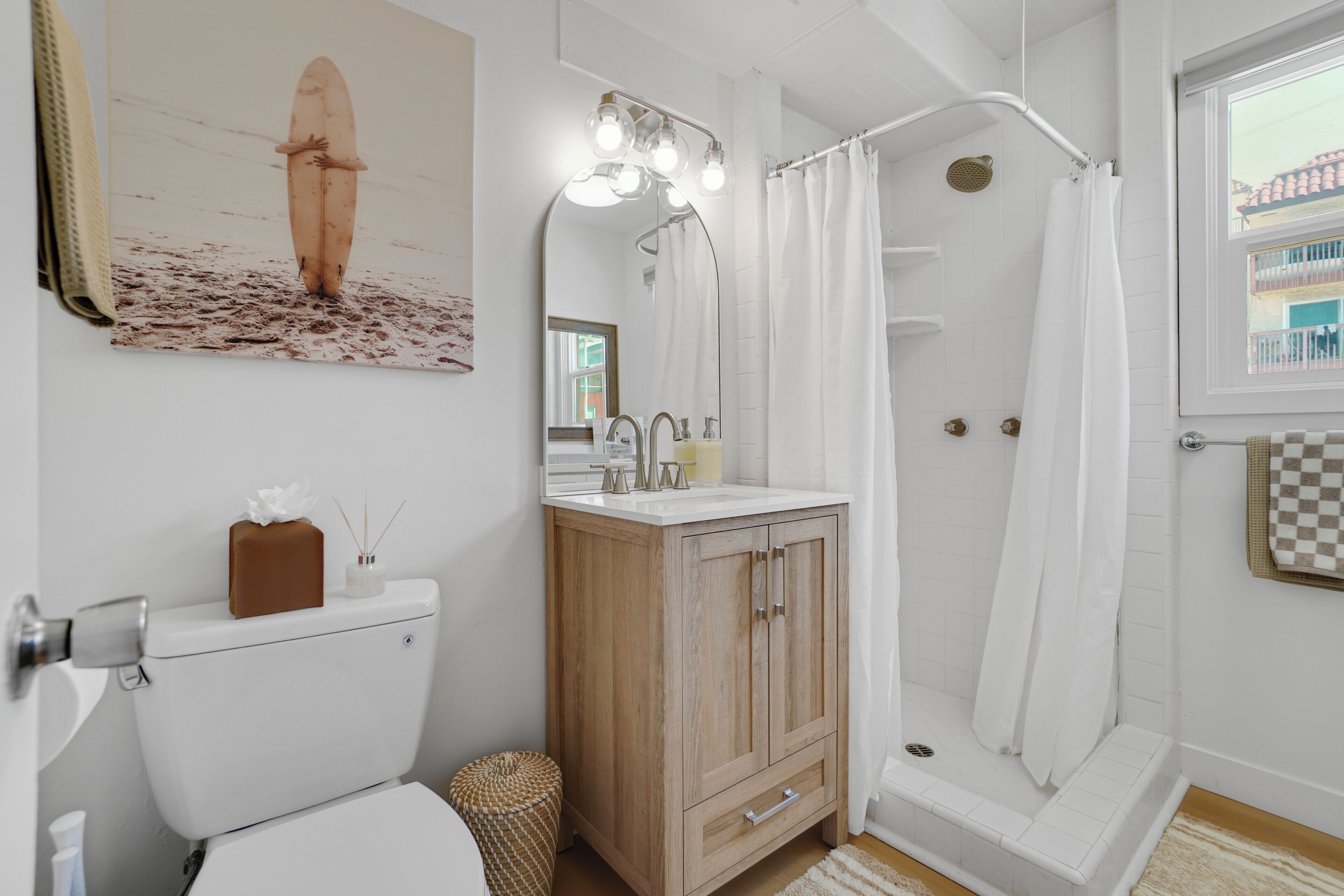 Hair dryer, towels, soap, toilet paper