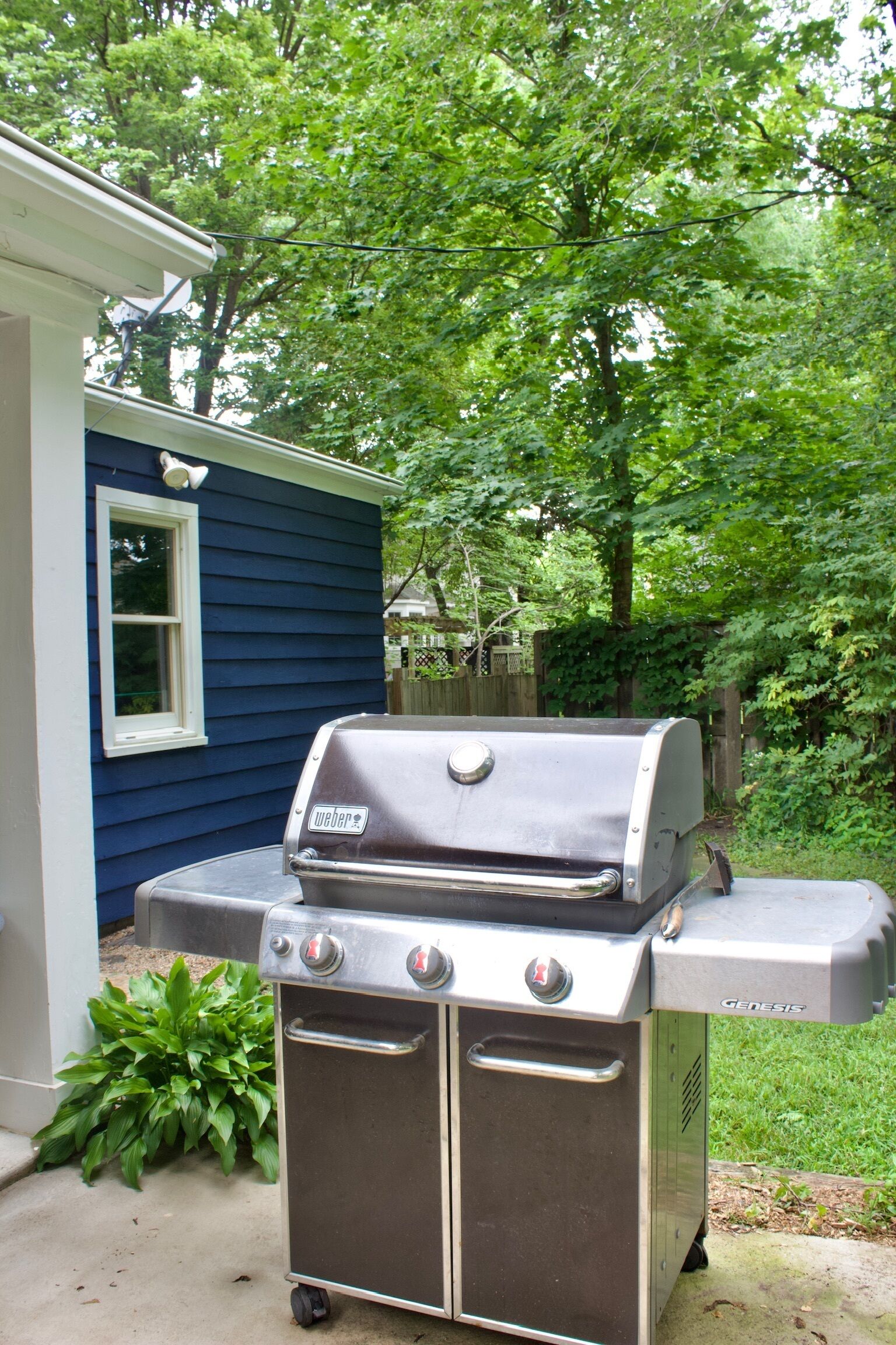 A portable Weber Genesis grill with four burners, positioned outdoors near a blue house with a window.