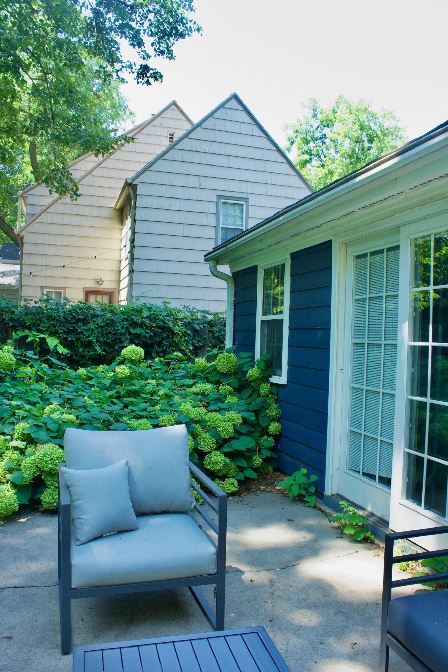 Un espace patio avec une chaise et une table, entouré de verdure et donnant sur une maison à la façade bleue.