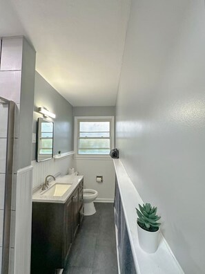 A narrow bathroom with a sink, mirror, and toilet. - 3500sf, Arcade, 6bdrm,  2 kitchen, 3baths, Parking (Niagara Falls)