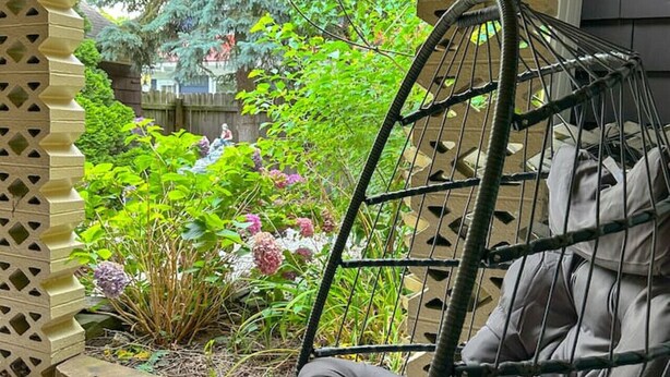 A hanging chair in a covered porch area with a view of a garden and trees. - Arcade, Close to Fall, 4bdrm,  off street Parking (Niagara Falls)