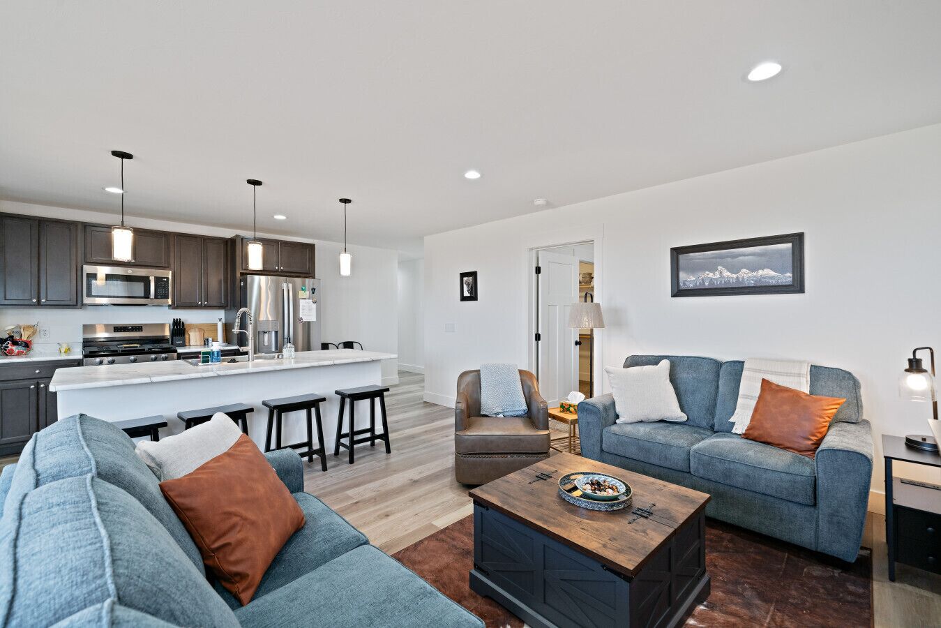 TV, fireplace, books, offices