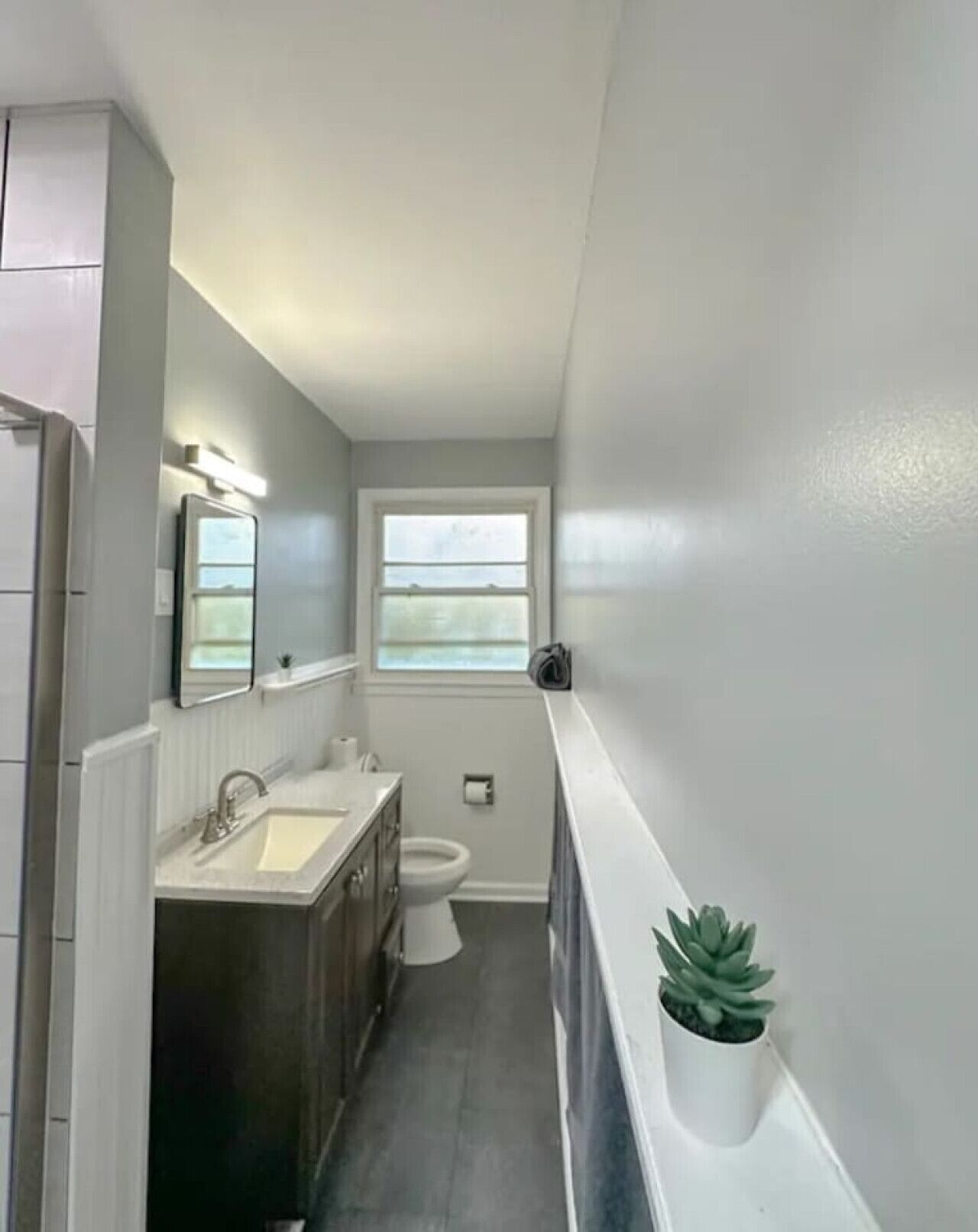 Un baño estrecho con ventana, lavabo, inodoro y una planta en maceta.
