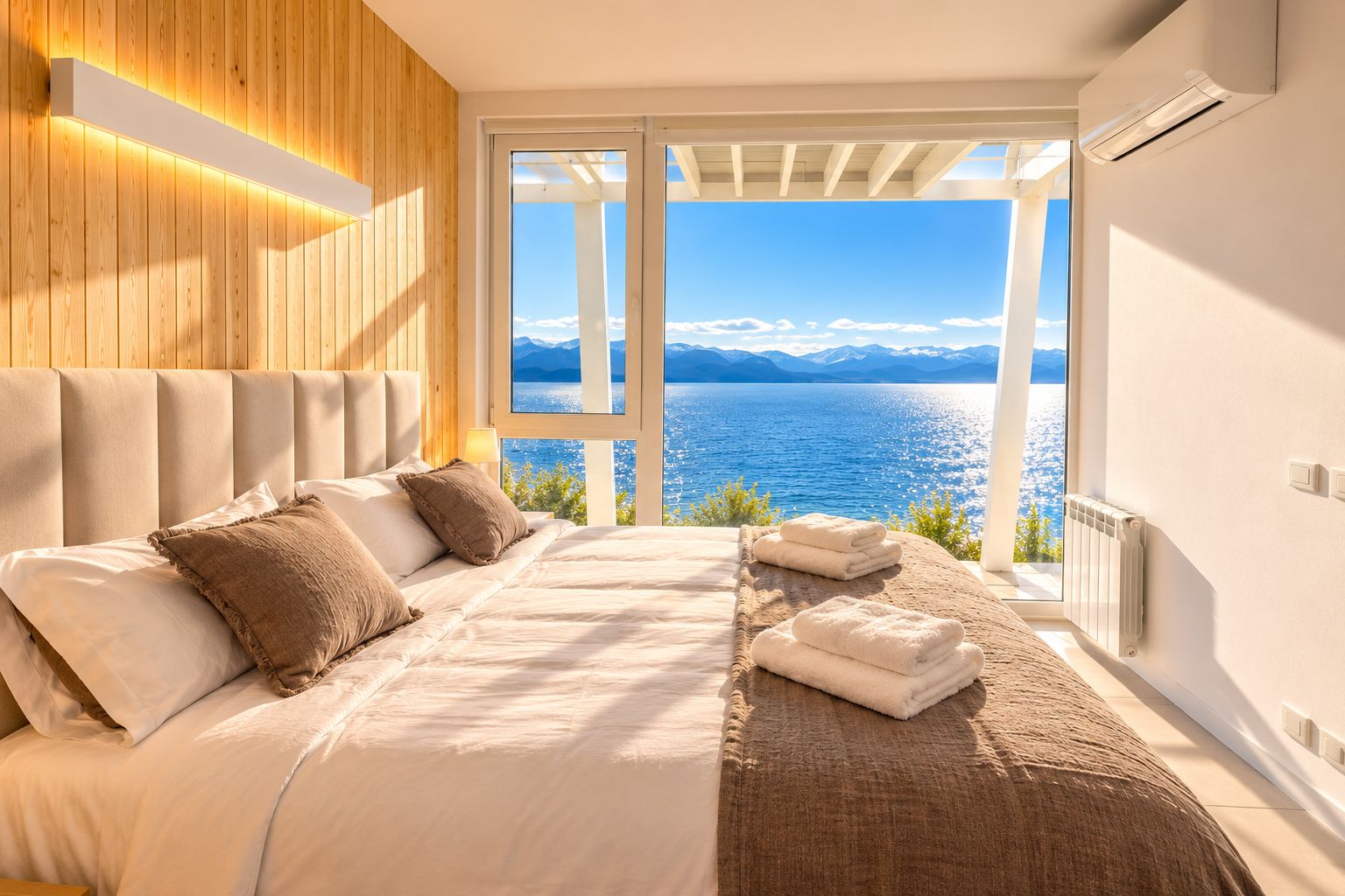 A bedroom with a large bed, a view of the sea, and a wooden wall.