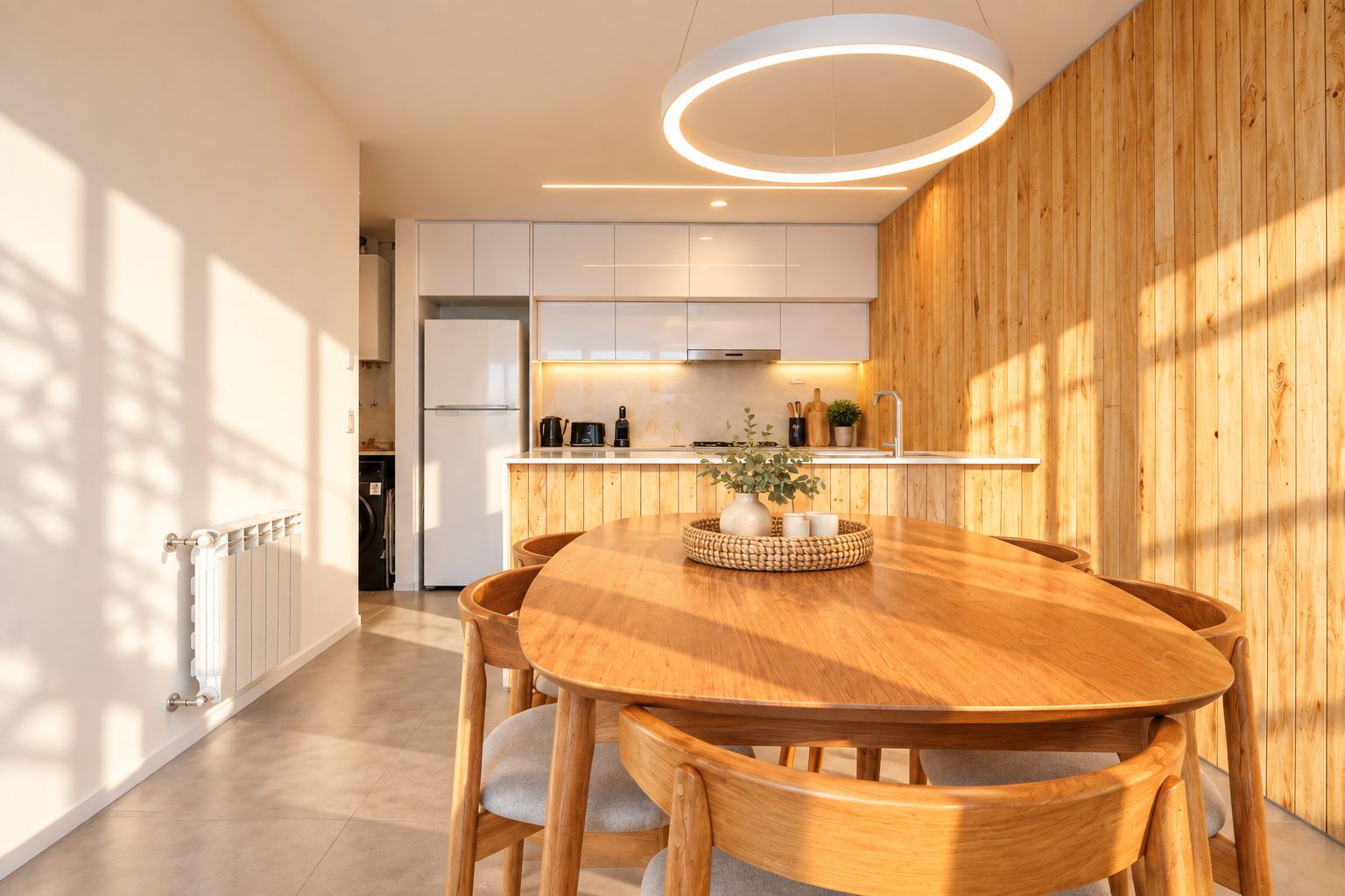 A modern kitchen with white cabinets, a wooden dining table, and a built-in oven.