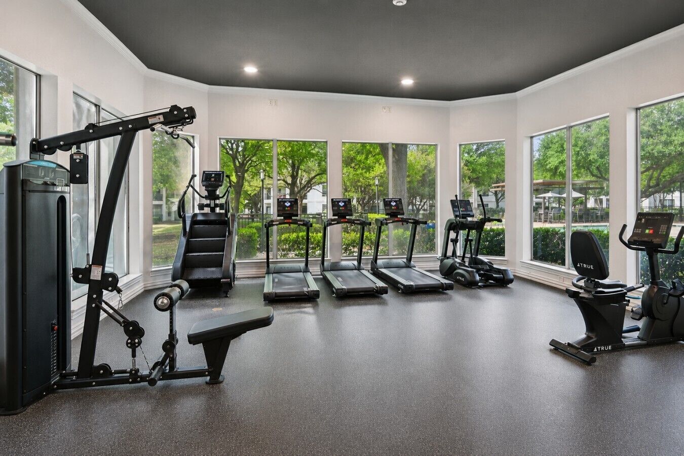 A gym with treadmills, a bench press, and a rowing machine.