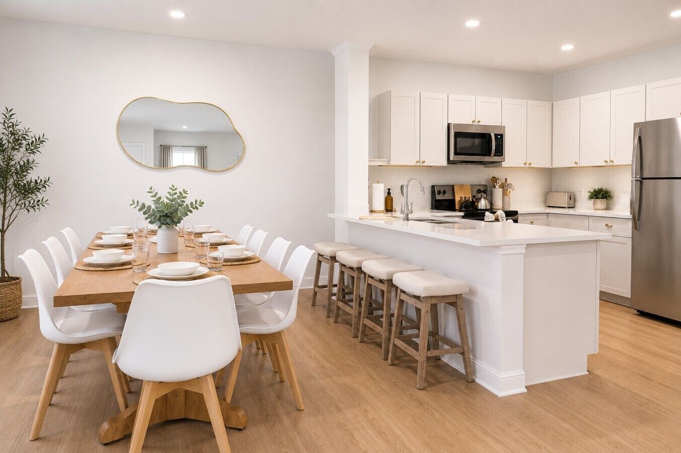 A modern kitchen with white cabinetry, a central island with stools, and a dining area with white chairs.