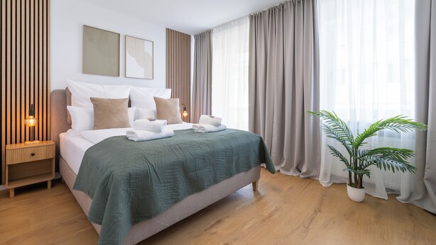 A modern hotel room with a large bed, a bedside table, a potted plant, and a window with sheer curtains. - Svyvo Bonn - City Apartments (Bonn)