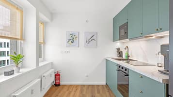 Comfort appartement, uitzicht op de stad | Privékeuken | Een koelkast met diepvriezer, een microgolfoven, een oven, een kookplaat
