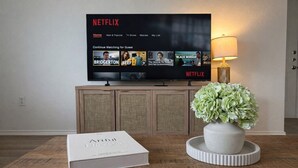 Una televisió de pantalla plana que mostra contingut de Netflix, una planta en test i un llibre sobre una taula de fusta.