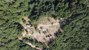 An aerial view of a forested area with a winding road and a small building.