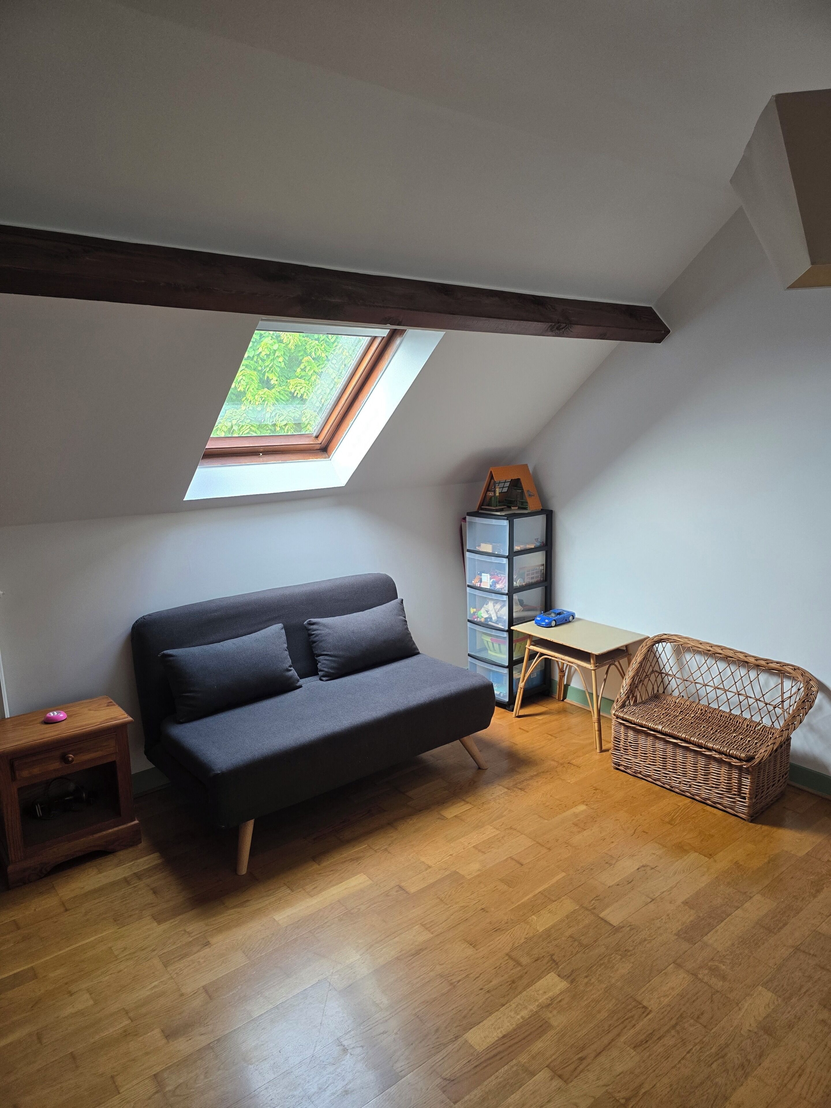 A loft bedroom with a skylight, a sofa, a wicker chair, a small table, and a storage unit.