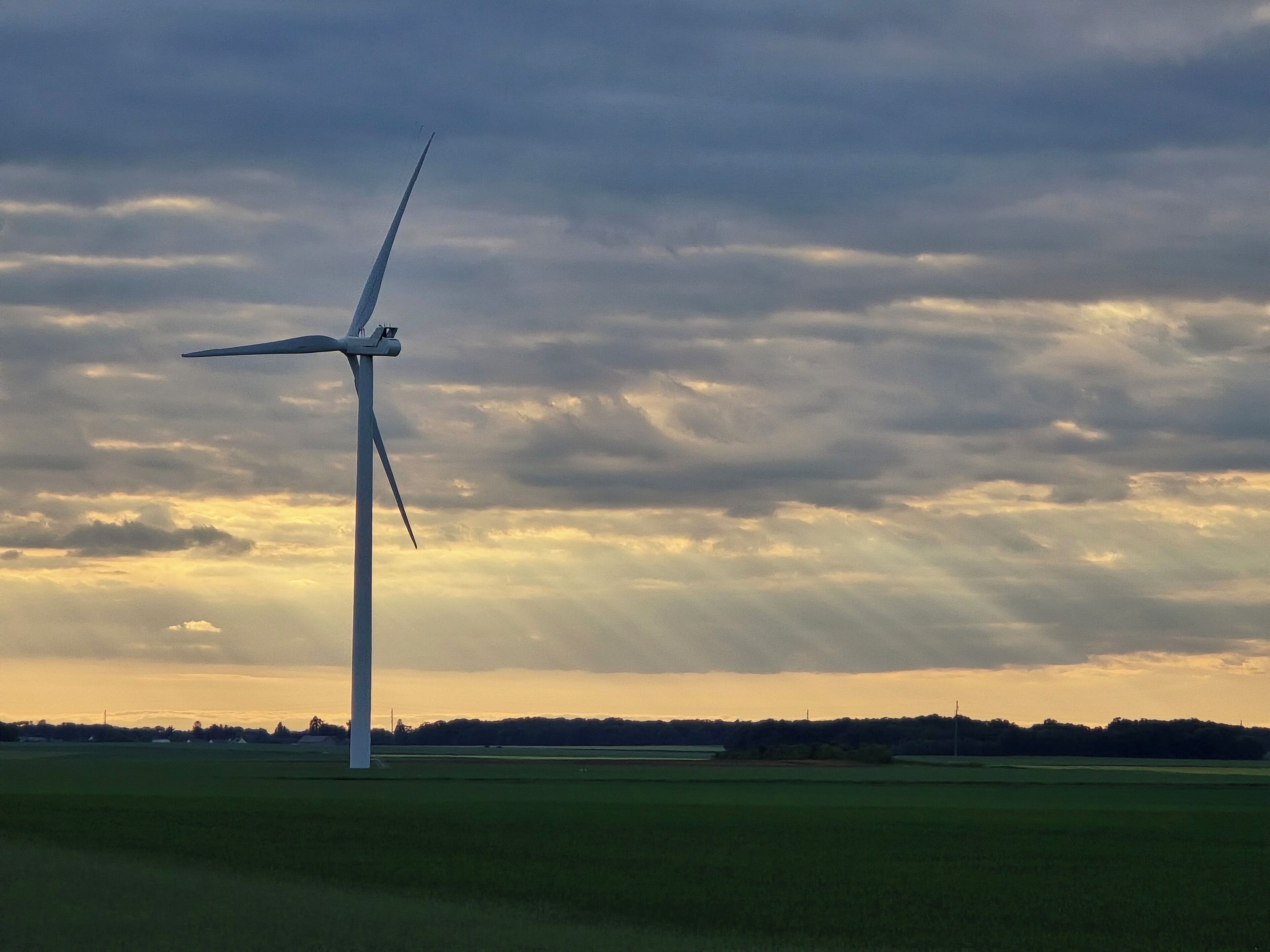 A wind turbine in a field with a cloudy sky.