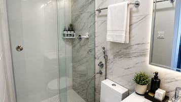 Shower, hair dryer, towels, soap