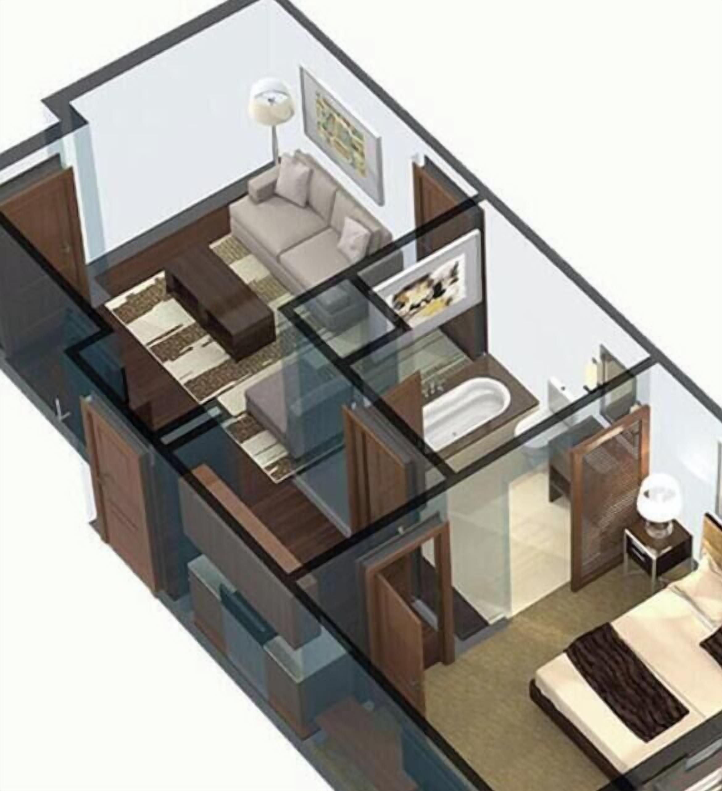 En 3D-model af et hotelværelse med glasvæg, sofa, seng, skrivebord, stol, lampe og et billede i ramme på væggen.