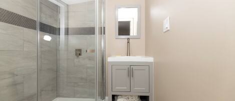 A bathroom with a glass shower enclosure, a sink with a mirror above it, and a cabinet below.