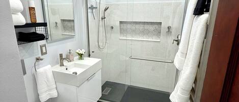 Regadera, secadora de cabello, bidet, toallas