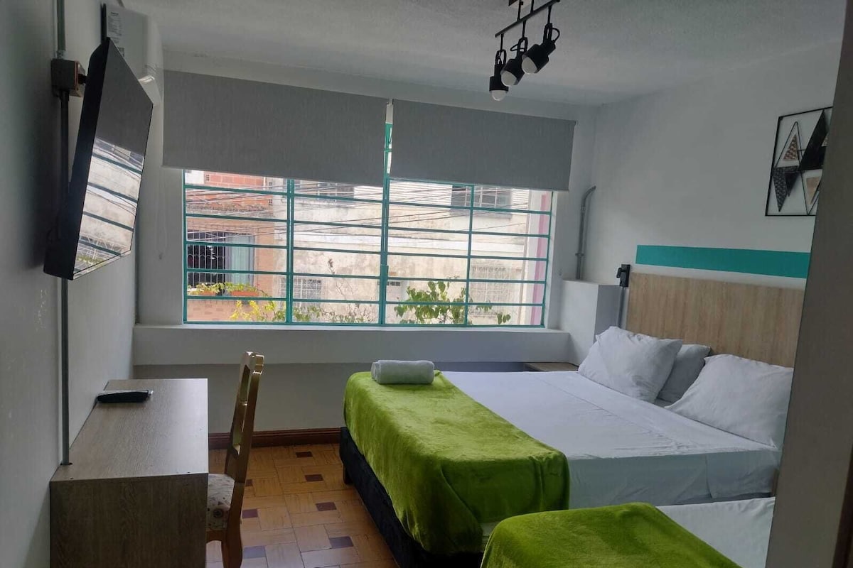 Habitación de hotel con cama, escritorio, silla, ventana con vistas y televisión montada.